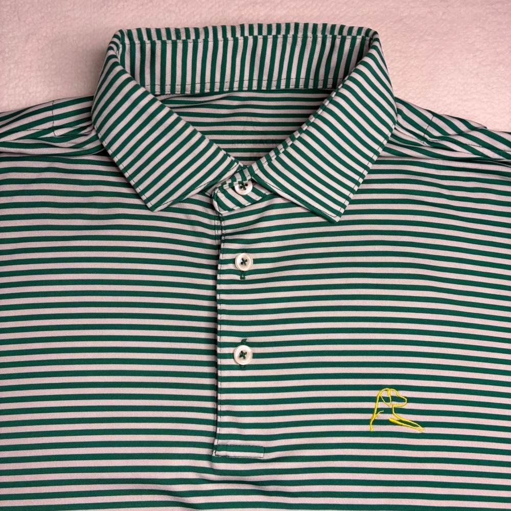 Rhoback *RARE* Masters Polo Green and White Striped Polo Shirt w/ Yellow Logo